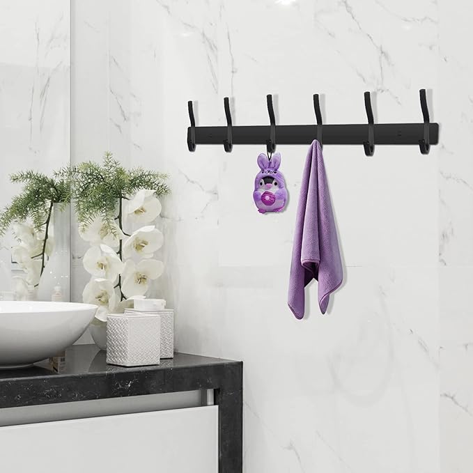 Black Wall Hooks, 17 Inch Coat Rack Wall Mount with 6 Hooks, Wall Hooks Heavy Duty for Hanging Backpack, Bag, Purse, Clothes, Hat, Coat, Towel | Entryway & Bathroom Storage Organization Hanger