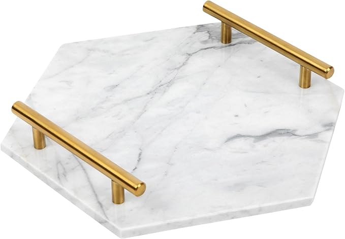 White Marble Tray with Gold Handles - Solid Marble Perfume Tray for Vanity - Chic Modern Hexagon, Room Decor Elegant Bathroom Tray (Hexagon, White)