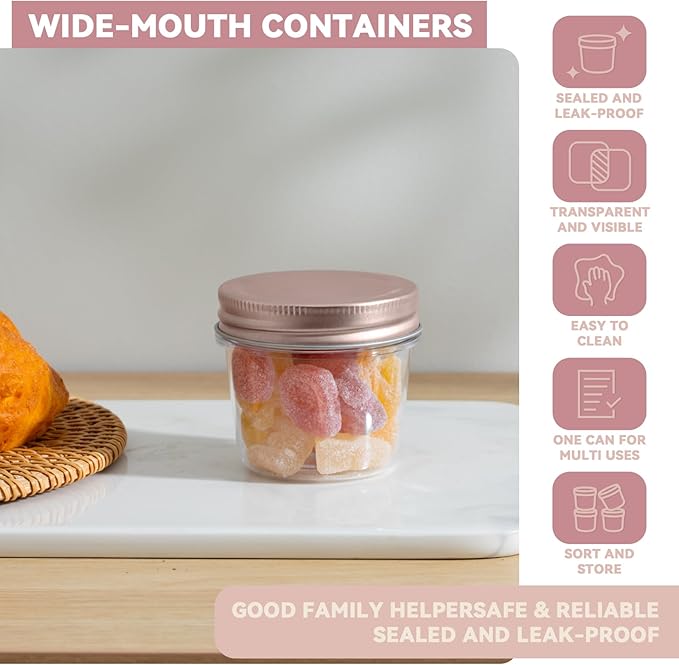 novelinks 4 oz Small Plastic Jars with Lids, 40 Pack Mini Plastic Mason Jars with Lids 4oz, Craft Storage Containers & Canning Jars & Small Spice Jars for Kitchen Organization (40 Pack,Rose Gold)