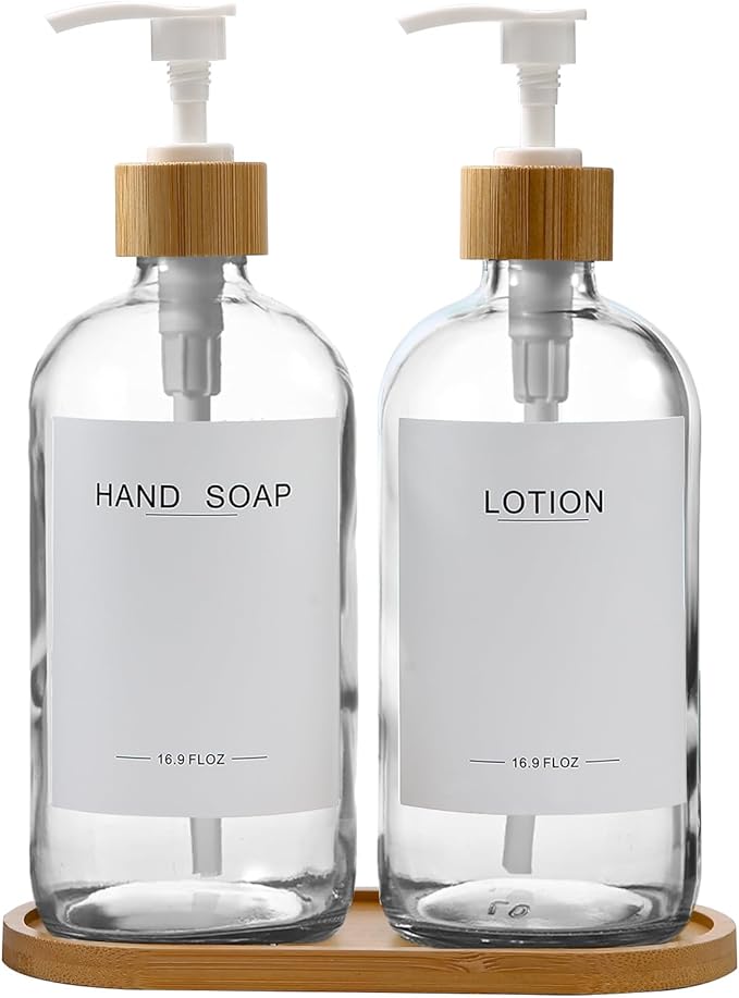 Clear Glass Soap Dispenser with Bamboo Pumps&Tray&Labels, Hand Dispenser, Lotion Dispenser, Dish Soap Dispenser for Kitchen Sink. (Clear)