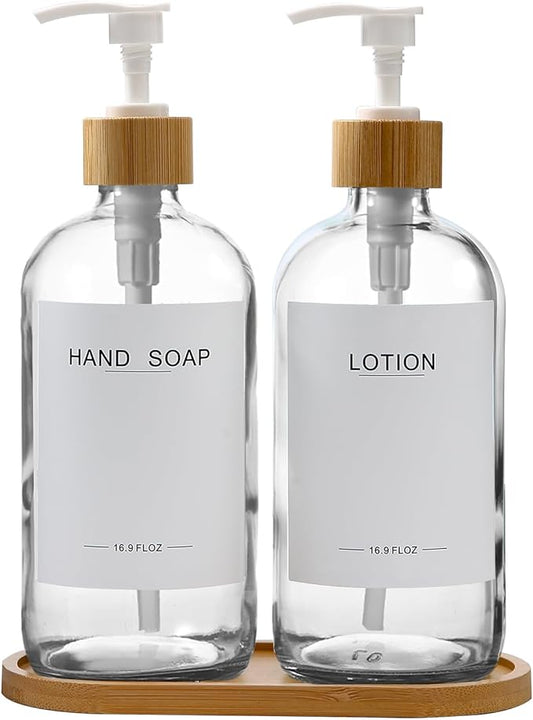 Clear Glass Soap Dispenser with Bamboo Pumps&Tray&Labels, Hand Dispenser, Lotion Dispenser, Dish Soap Dispenser for Kitchen Sink. (Clear)