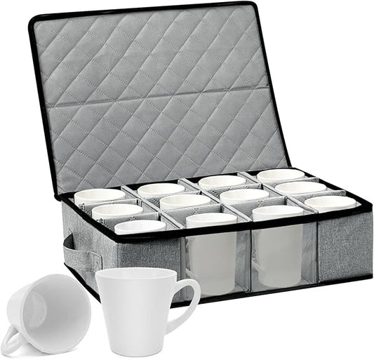 China Cup and Mug Storage Container, 12 Compartments Mug Storage Box with Hard Shell and Dividers Foldable Dustproof China Containers for Protection and Moving Coffee, Tea Cups and Glasses - Gray