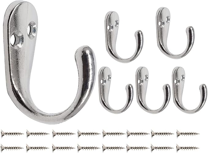 Coat Hooks for Door Wall, 6 Pack Chrome Entrance Hooks Heavy Duty Single Vintage Utility Hook for Hanging Clothes Jackets Robes Towels Hats Keys Bags Cups, Silver