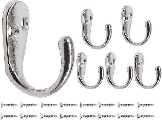 Coat Hooks for Door Wall, 6 Pack Chrome Entrance Hooks Heavy Duty Single Vintage Utility Hook for Hanging Clothes Jackets Robes Towels Hats Keys Bags Cups, Silver