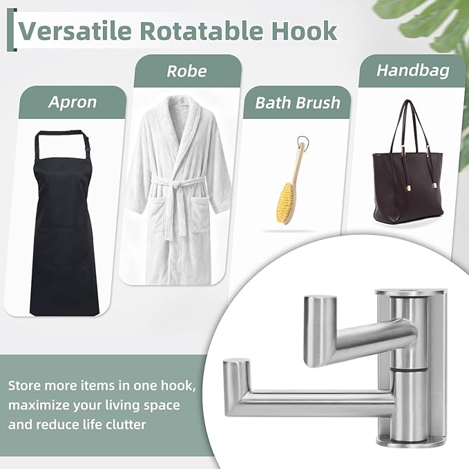 Brushed Nickel Double Swivel Towel Hook, 304 Stainless Steel Folding Clothes Hanger, Wall Mounted