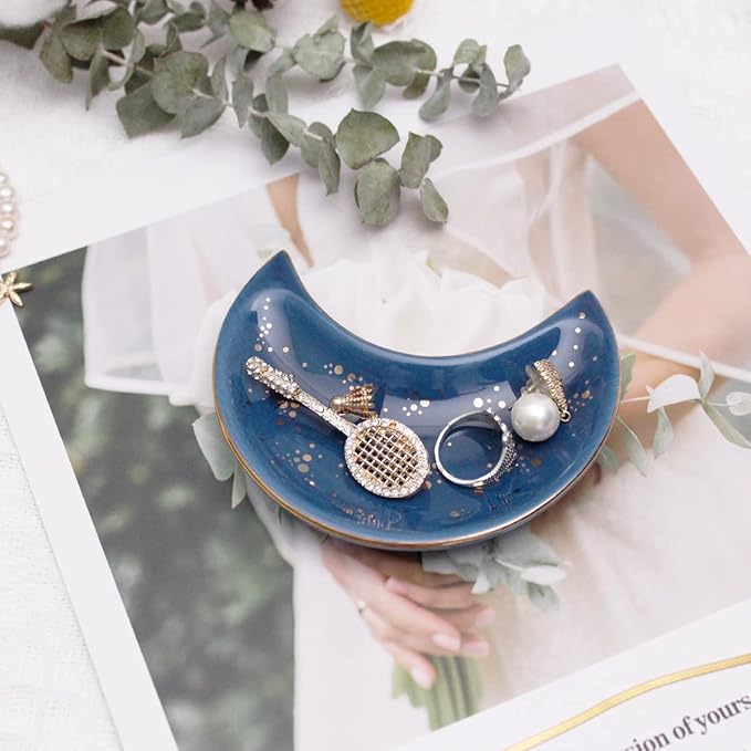 Soddeph Small Moon Ceramic Jewelry Tray, Decorative Trinket Dish, Ring Holder Plate, Modern Accent Tray for Bathroom, Nightstand, Entryway Table, Vanity (1, Blue)