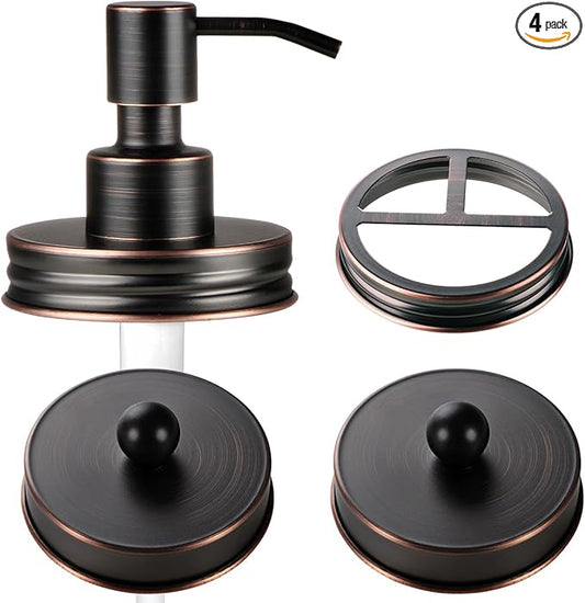 Mason Jar Bathroom Accessories Lids Set(4pcs) - Jars Not Included - Soap Dispenser, Apothecary Jars Lids for Regular Mouth Mason Jars, Wide Mouth Toothbrush Holder lid,-Stainless Steel,ORB