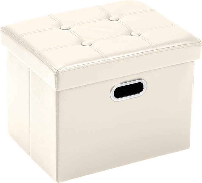 COSYLAND Storage Ottoman Foot Rest - 17x13x13in Leather Ottoman Rectangle Foot Stool Folding for Room Dorm Small Collapsible Bench Seat Organizer Entryway Furniture with Handles Lid Beige