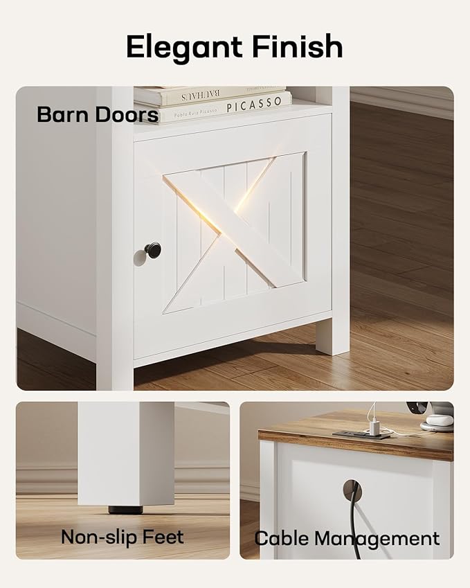 Marsail Farmhouse Nightstand with Charging Station, Wood Bedside Table with USB Port & AC Outlet, Open Shelf and Enclosed Cabinet, Side Table with Storage for Bedroom, Brown and White