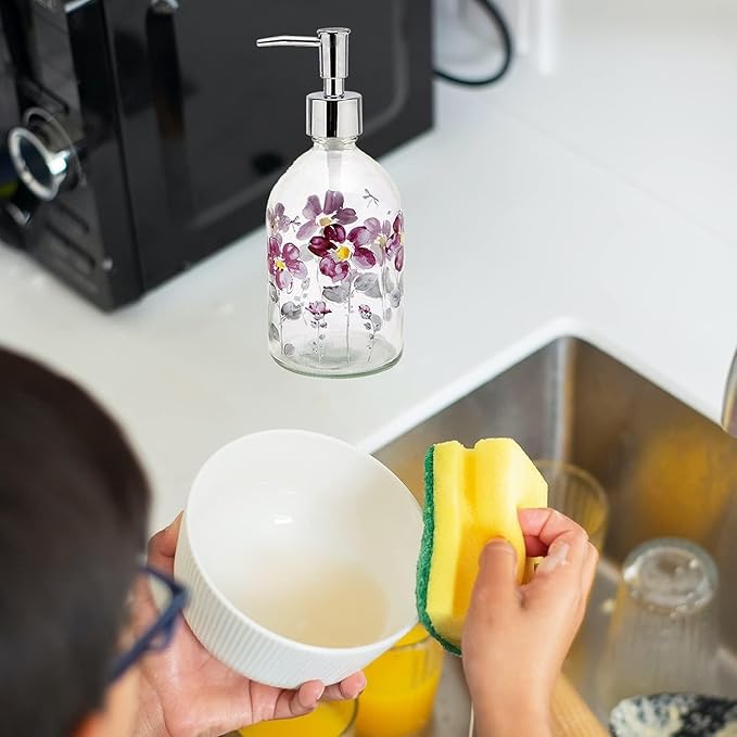 17oz Glass Soap Dispenser with Plastic Pump for Kitchen and Bathroom, Refillable Liquid Clear Bottle for Dish Soap & Hand Soap(Flower)