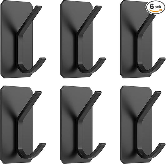 PMMASTO Self-Adhesive Towel Hooks - Sticky Heavy Duty Wall Robe Coat Hook for Hanging- Shower Hooks (Black, “ K ”Shape 6PC)