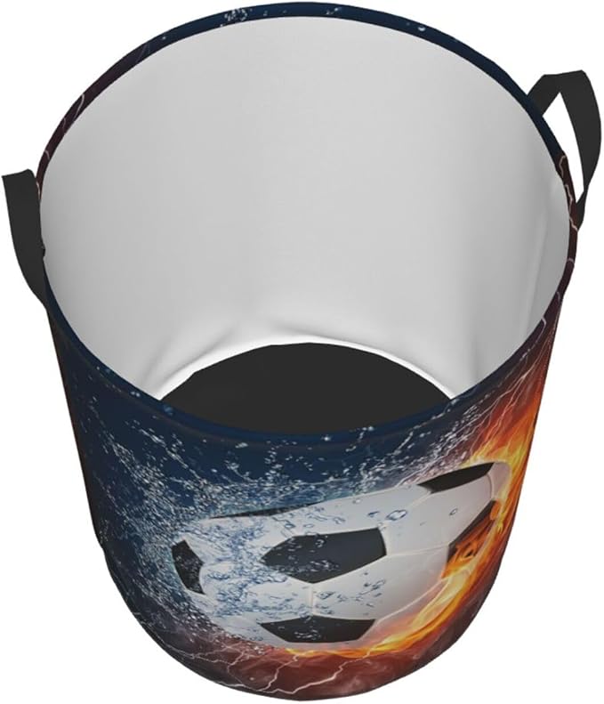 Soccer Ball In Fire And Water Round Laundry Hamper Sport Football Storage Basket Toys Clothes Organizer Bin For Home Bathroom Bedroom Dorm Nursery, 38l