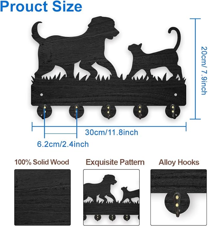 MAYJOYDIY Decorative Wall Mount Key Holder with 5 Hooks, Pet Cat Dog Design, 11.8 x 7.9 inch, Wood for Dog Leash Entryway Kitchen Office Gift