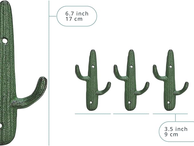 Comfify Set of 3 Hooks Cast Iron Cactus Double Wall Mounted Hooks/Hangers - Decorative Wall Mounted Hooks for Coats, Bags, Towels and More - w/Screws and Anchors Included - Rustic Green