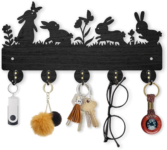 MAYJOYDIY Bunny Meadow Flower Coat Rack 11.8×7.2inch Wood 4 Rabbits Key Holder for Wall Rabbits Butterfly Wildflower Carrot Key Hanger 5 Alloy Hooks Key Rack for Farmhouse Gift Entryway Art Decor