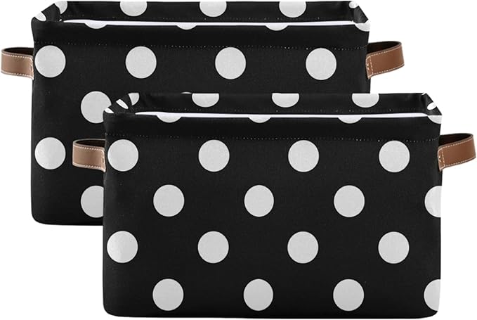 susiyo Large Foldable Storage Bin Black White Polka Dot Fabric Storage Baskets Collapsible Decorative Baskets Organizing Basket Bin with PU Handles for Shelves Home Closet Bedroom Living Room-2Pack