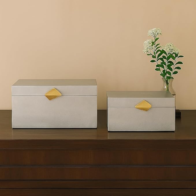 Vintiquewise Set of 2 Decorative Wooden Storage Boxes with Gold Accent – Boxes for Keys, Jewelry, Makeup, Accessories, Crafts, Gadgets, Home Office, Living Room, Bedroom & Entryway Décor, White