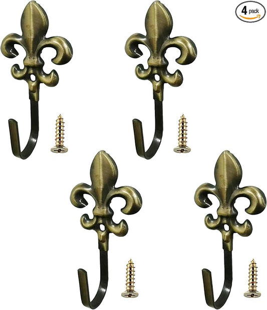 Wall Hooks, 4 Pack Decorative French Fleur De Lis Metal Hooks for Coat, Towel, Curtain Tie Back, Robe, Bag, Heavy Duty Gold Bronze Finish for Bathroom, Bedroom, Entryway(Bronze)