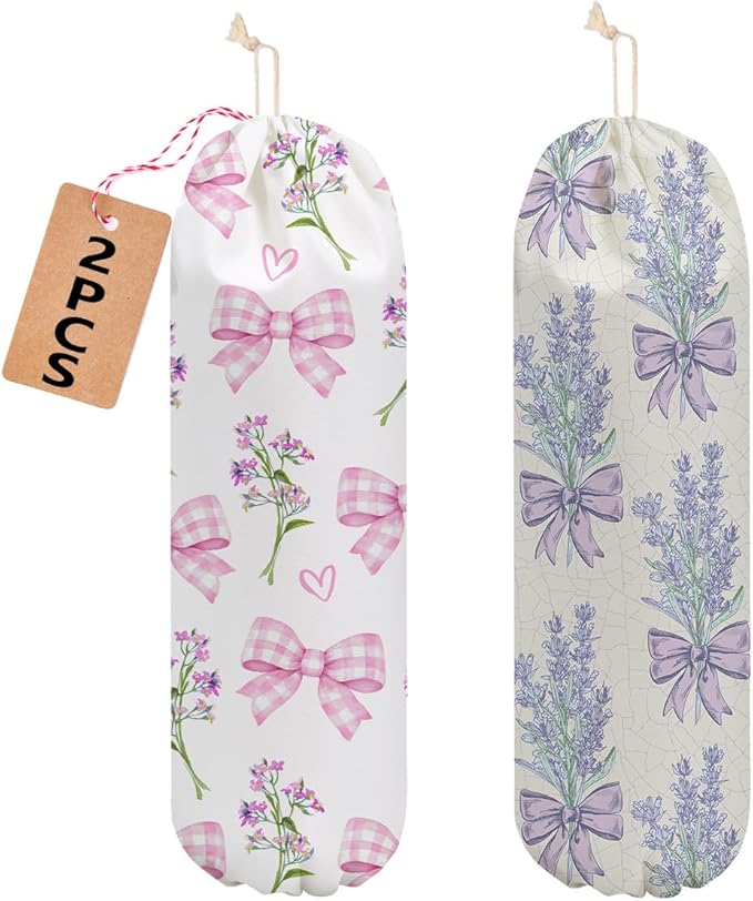 2 Pcs Bow Tie Plastic Bag Holder, Lavender Wall Mount Grocery Bag Holder for Plastic Bags, Washable Reusable Grocery Bags Storage Dispenser for Home Kitchen Pantry Decor, Flowers Gifts for Women Mom