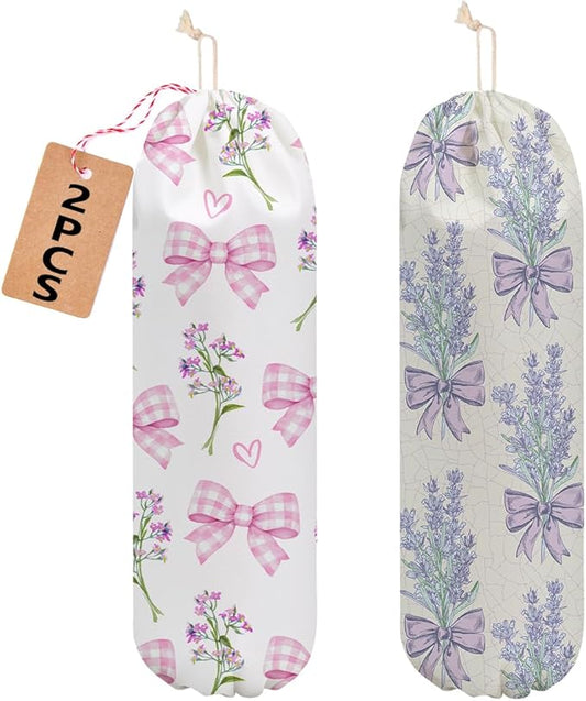 2 Pcs Bow Tie Plastic Bag Holder, Lavender Wall Mount Grocery Bag Holder for Plastic Bags, Washable Reusable Grocery Bags Storage Dispenser for Home Kitchen Pantry Decor, Flowers Gifts for Women Mom