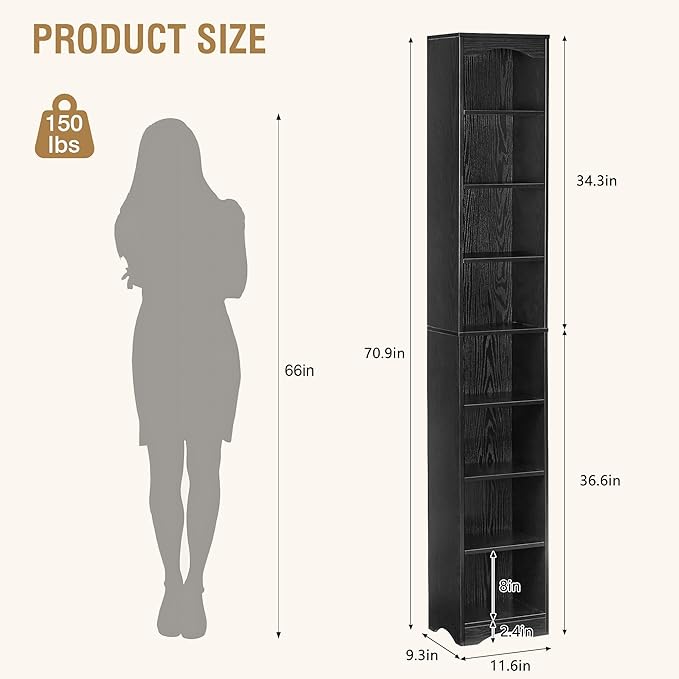 VECELO 6 Adjustable Shelf Narrow Storage Shelf - Elevated Dust-Resistant Base, Customizable Compartment Heights, Black Display Shelf for Small Spaces