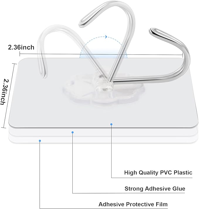 50 Packs Adhesive Hooks, Heavy Duty 22lb(Max) Wall Hooks for Hanging Key Cup Hat Coat Holder, Transparent Waterproof Sticky Hooks Wall Hangers for Kitchen Bathroom Shower Door Hanger Hooks