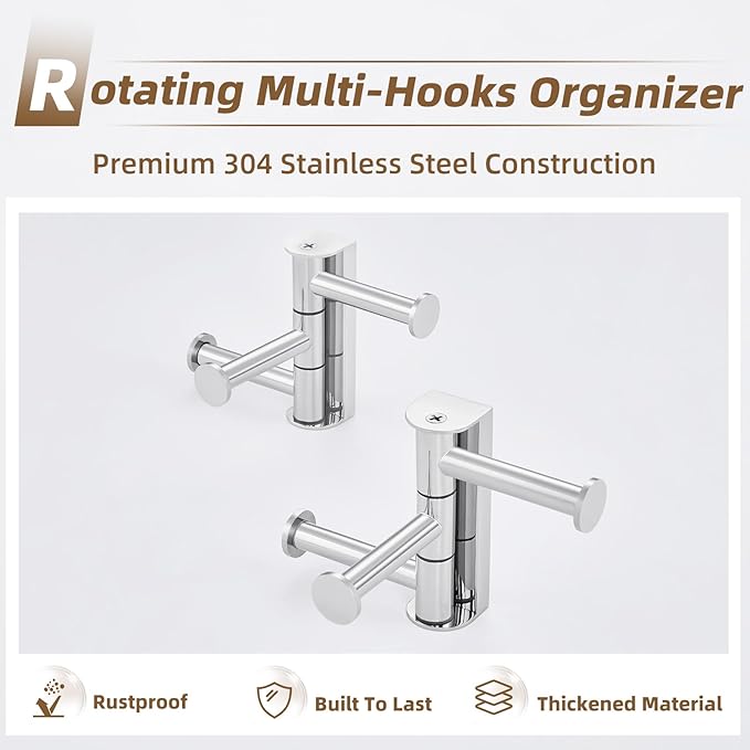 APLusee Swivel Towel Hooks Polished Chrome, 304 Stainless Steel 3 Arms Foldable Bathroom Robe Towel Hook, Shower Coat Hook, Wall Kitchen Holder, 2 Pack