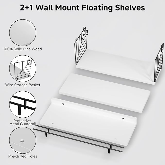 Floating Shelves for Wall, Floating Shelf for Bathroom Set of 3, Floating Shelf for Wall with Toilet Paper Holder for Bathroom, Bedroom, Living Room, Kitchen, Office (White)