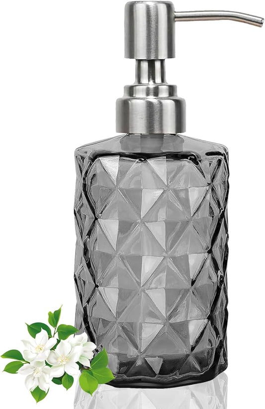 12Oz Gray Glass Soap Dispenser with Stainless Steel Pump, Refillable Kitchen Liquid Hand Soap Dispenser with Diamond Design, for Dispense Hand soap, Dish Soap, Lotion, Bathroom, Countertop, Hotel