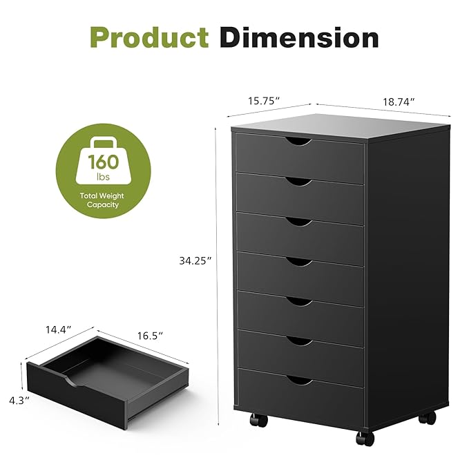 Sweetcrispy 7 Drawer Chest Mobile Storage Cabinets Wooden Dresser with Wheels Room Organization Furniture for Office Home, Black Wood