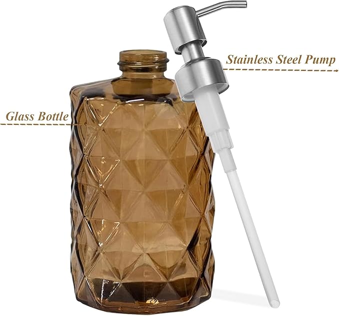 12Oz Brown Soap Dispenser Bathroom - 2 Pack, Clear Glass Hand Soap Dispensers with Stainless Steel Pump, Refillable Dish Soap Dispenser for Kitchen, Countertop Soap Dispensers