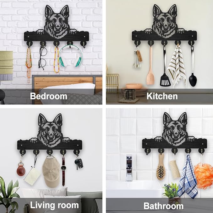 MAYJOYDIY German Shepherd Wood Key Holder for Wall 11.8x7.8inch Dog Animal Wall Mounted Key Hooks Coat Hanger Rack with 5 Alloy Hooks for Entryway Front Door Kitchen Office Decoration