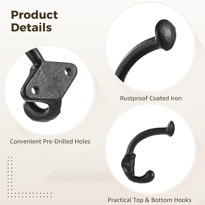5 PCS Vintage Coat Hooks, Rustic Metal Wall Hooks, Farmhouse Wall Hangers with Screws, Black Iron Hooks for Coats Hats Bags Towels, Entryway Bathroom Kitchen