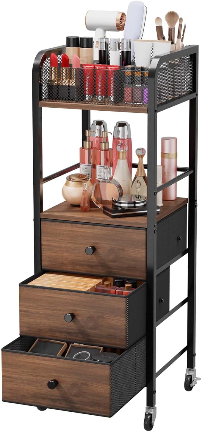 HapiRm Rolling Makeup Cart Organizer - Floor Skincare Make Up Storage with 3 Non-woven Fabric Drawers, Vanity Organizer Cosmetic Display Cases Holder for Skin Care Perfume Nail Polish Brush Hair Tool