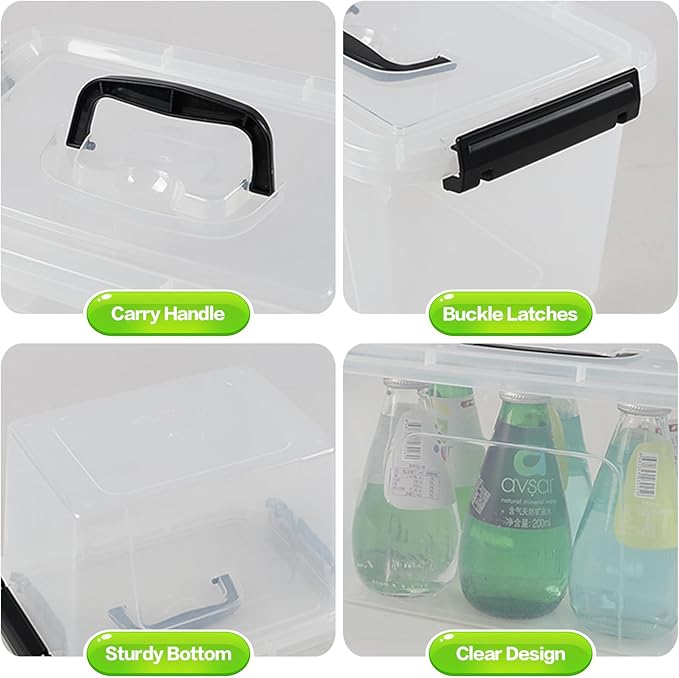 6 Quart Clear Organizer Bin with Lid Set of 4, Plastic Latching Storage Box