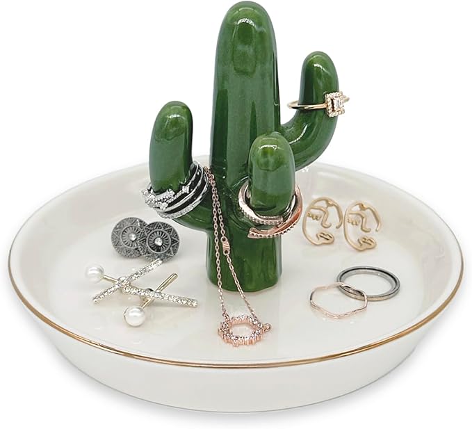 Cactus Jewelry Holder and Ring Dish - Ceramic Succulent Decor for Kitchen Sink or Vanity - Cute Engagement, Birthday, or Motherâs Day Gifts for Women, Gold-Rimmed Trinket Tray