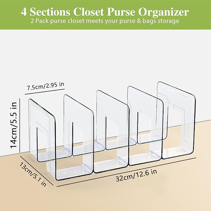 2 Pcs Purse Organizer for Closet, Acrylic Clear Purse Storage Organizers, Closet Organizers and Storage Purse Handbag Divider Holder, 4 Sections Purse Organizers Dividers in Bedroom Office (purple)