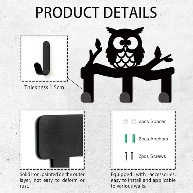 Owl Branch Metal Key Holder for Wall Mini Key Hook Organizer Rack Key Hangers Wall Decorative with 3 Hooks for Entryway Front Door Hallway Kitchen Office Bag Clothes Key Hanging
