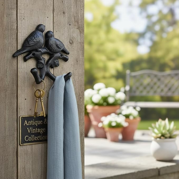 Comfy Hour 5.4" Heavy Duty Cast Iron Bird Wall Hook, Decorative Double Bird Key Holder for Wall, Rustic Animal Coat Rack for Entryway, Bathroom & Mudroom, Vintage Home Decor, Black, 1 pc