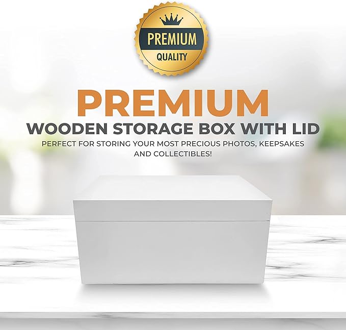 Blake & Lake Large Wooden Keepsake Box - White, Hinged Lid - Decorative Storage Box for Jewelry and More