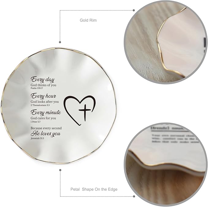 HOME SMILE Christian Gifts for Mom Faith Ring Dish with Bible Verse Prayers, Religious Spiritual Gifts for Women Friend Birthday - Every Second God He Loves You