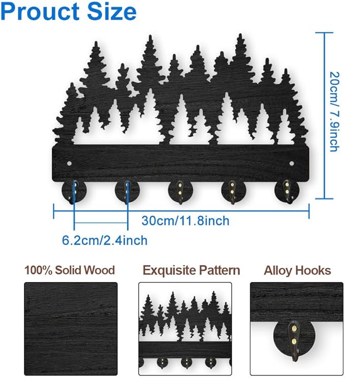 MAYJOYDIY Forest Coat Rack Wall Mount - 11.8x7.9 inch Wood Dense Forest Tree Wall Art Decor Key Holder 5 Alloy Hooks Black Hook Rack for Entryway, Living Room, Bedroom - Gift