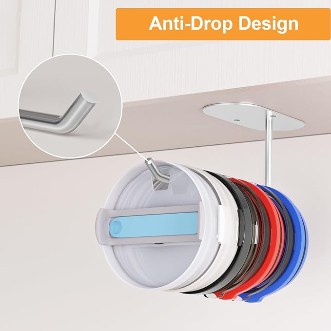 2 Pack Tumbler Lid Organizer, Space Saving Cup Lid Organizer for Yeti/Stanley/Simple Modern Tumbler Lids, Self-Adhesive or Drilling Tumbler Lid Hook for Kitchen Organizers and Storage