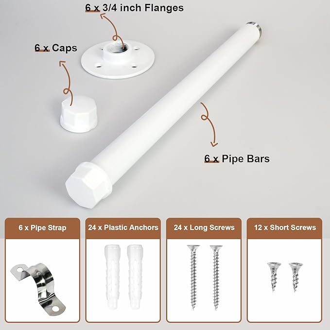 6 PCS Industrial Pipe Clothes Bar 12 Inch - Pipe Clothing Rack Wall Mount - Face Out Closet Rods for Hanging Clothes Commercial Retail Boutique Laundry Shirt Display - White