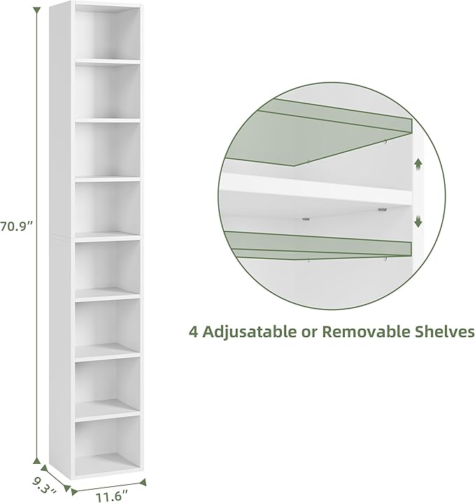 Bamjoy 71 Inches Tall Narrow Bookshelf, 8-Tier CD DVD Slim Media Tower Rack, Corner Bookcase with Adjustable Shelves, Skinny Cubes Bookshelves for Home Office Small Space, White