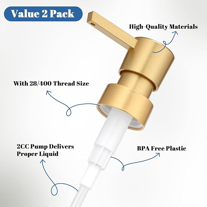 Plastic Soap Dispenser Pump Replacement Refill Dispenser for Standard 28/400 Thread Size for Lotion Dish Soap Kitchen Bathroom 2 Pack（Gold）