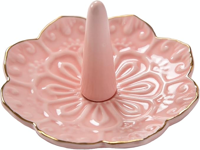 HOMEGOAL Ceramic Ring Holder Dish for Jewelry, Decorative Mandala Jewelry Tray for Rings Earrings Necklaces Watch Keys, Aesthetic Room Decor, Birthday Engagement Wedding Gifts for Women (Pink)