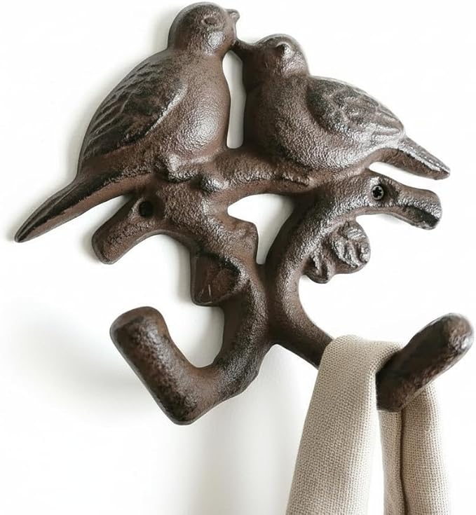 Comfy Hour 5.4" Heavy Duty Cast Iron Bird Wall Hook, Decorative Double Bird Key Holder for Wall, Rustic Animal Coat Rack for Entryway, Bathroom & Mudroom, Antique Brown Finish, 1 pc