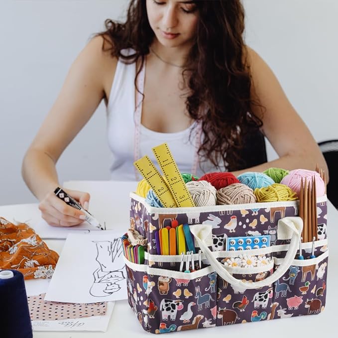 E-WEICHEN Craft Organizer Tote Bag Art Storage Caddy with Multiple Pockets Containers for Art,Craft,and Office Supplies Storage.Purple animals