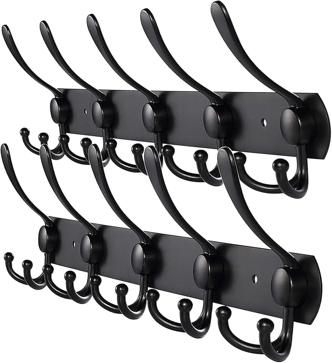 Coat Rack Wall Mounted,5 Tri Stainless Steel Coat Hook for Coat Hat Robes Towel in Mudroom Entryway (Black, 2 Pack 5 Hook)